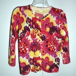 Vintage J. Crew Floral Paisley Wool Cardigan Button Front 3/4 Sleeve